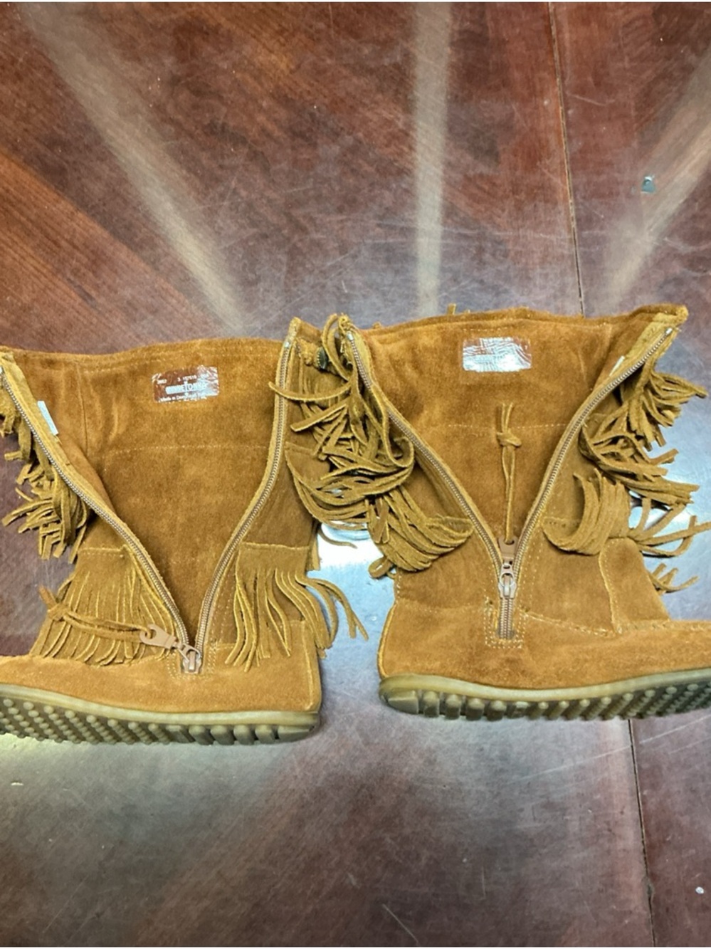 Minnetonka Brown Suede Fringe 3 layer Moccasin Boots Sz 7. 1077 - Picture 9 of 15